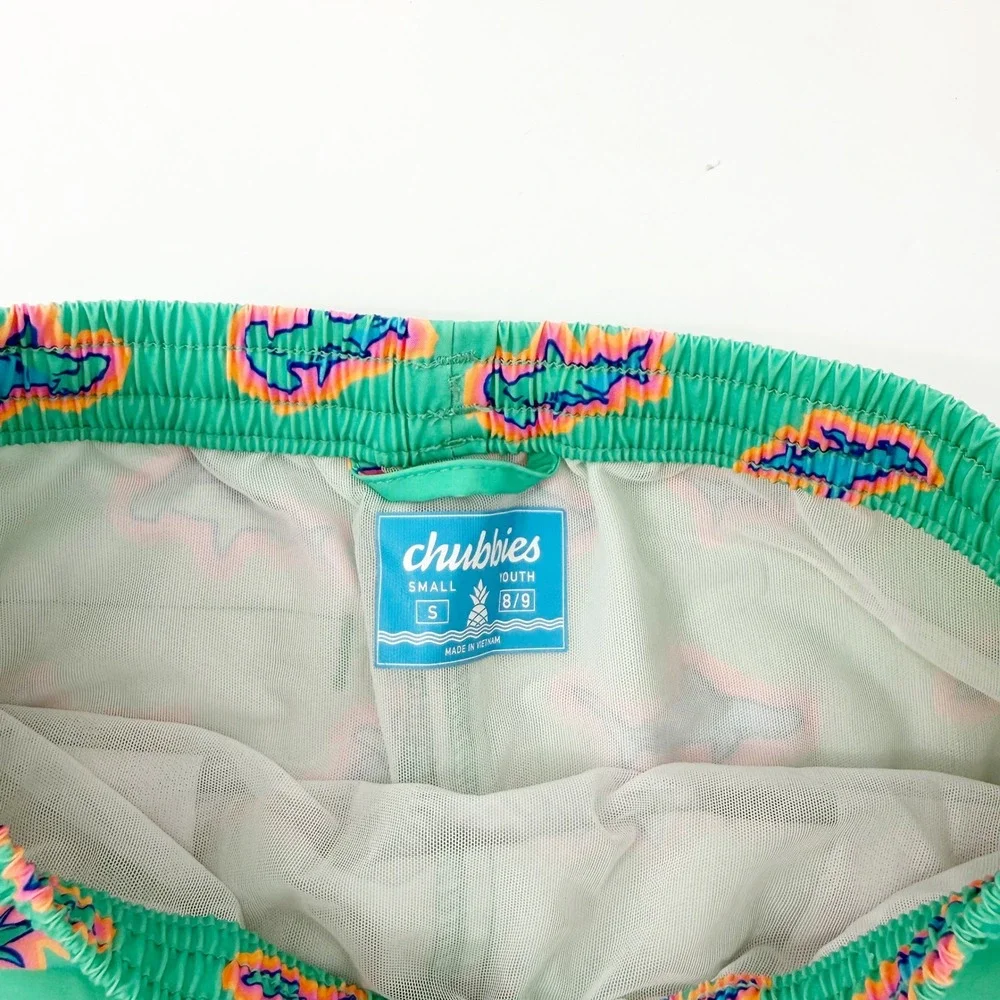 Chubbies Swim Trunks Boys Size S 8/9 Mint Green Neon Shark Print Mesh Lined
